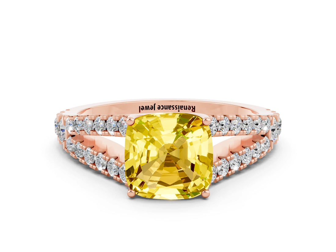 Rose gold Cushion Cut Cut Split Shank Pave Diamond Engagement Ring with Four-Prong Setting