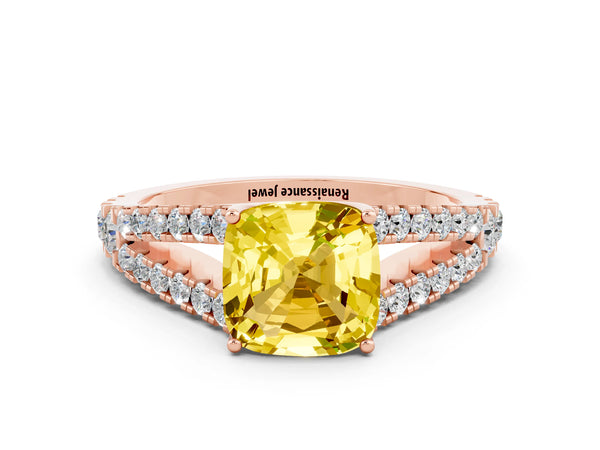 Rose gold Cushion Cut Yellow Sapphire Split Shank Engagement Ring with Round Pavé and Prong Setting