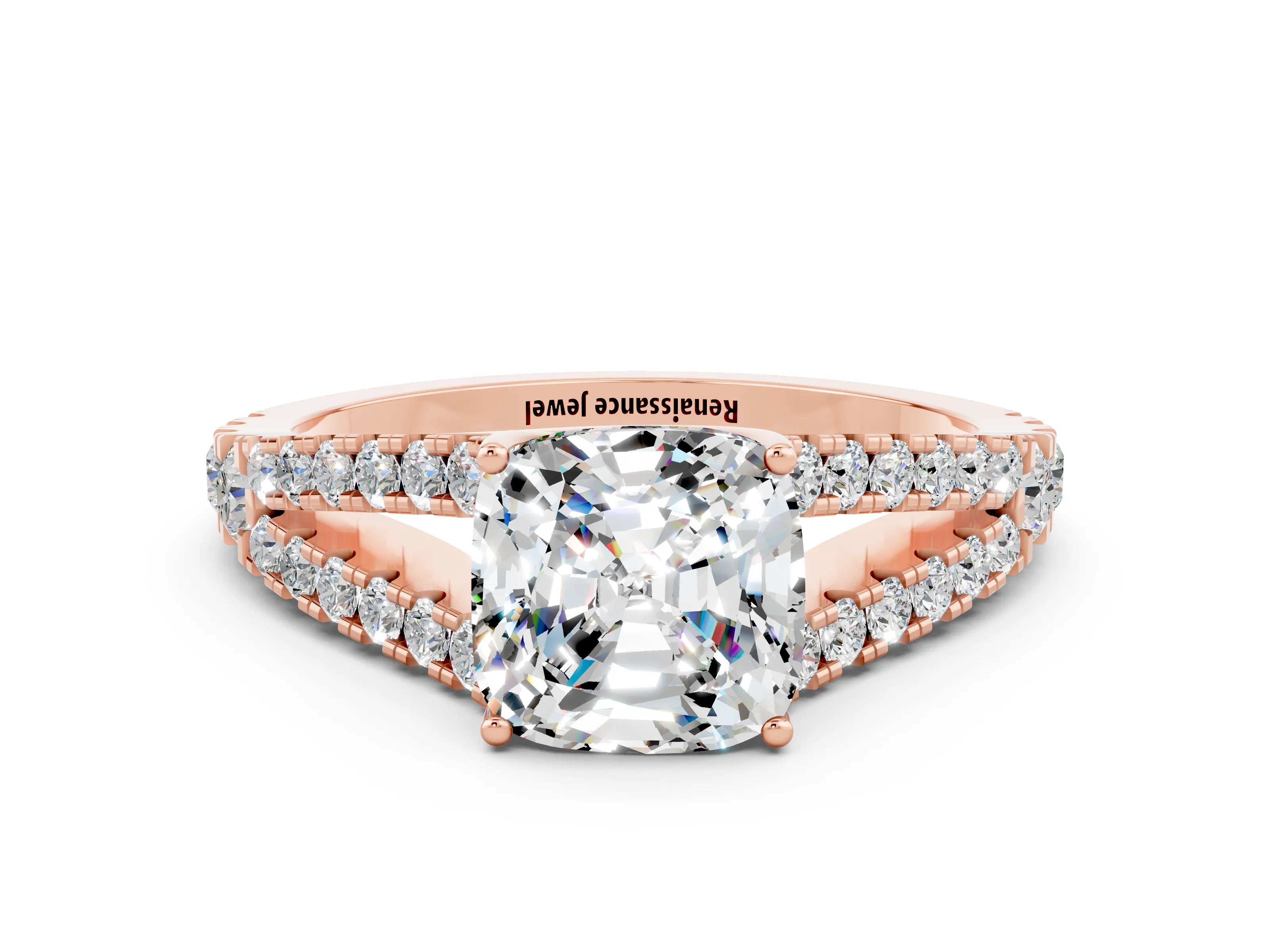 Rose gold Cushion Cut Cut Split Shank Pave Diamond Engagement Ring with Four-Prong Setting