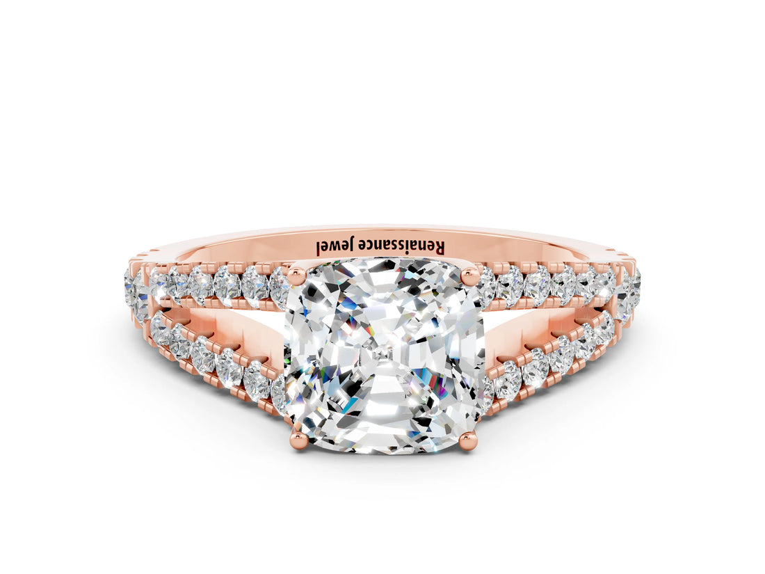Rose gold Cushion Cut Cut Split Shank Pave Diamond Engagement Ring with Four-Prong Setting