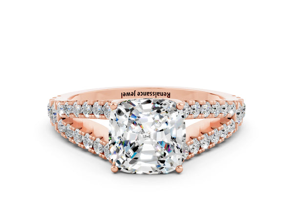 Rose gold Cushion Cut Moissanite Split Shank Engagement Ring with Round Pavé and Prong Setting