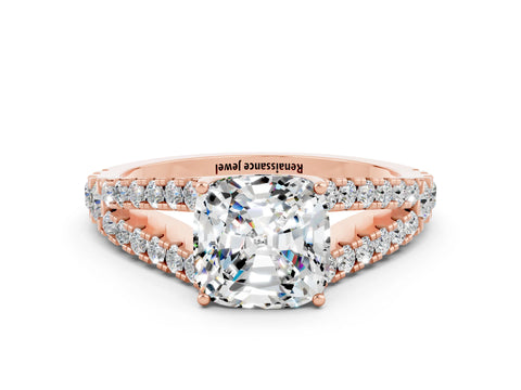 Rose gold Cushion Cut Cut Split Shank Pave Diamond Engagement Ring with Four-Prong Setting