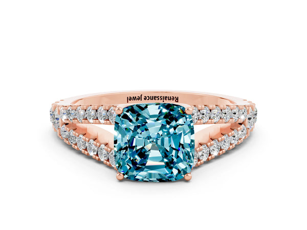 Rose gold Cushion Cut Cut Split Shank Pave Diamond Engagement Ring with Four-Prong Setting