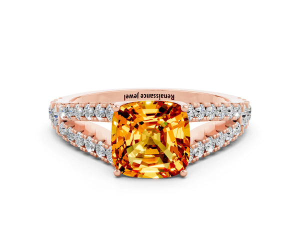 Rose gold Cushion Cut Citrine Split Shank Engagement Ring with Round Pavé and Prong Setting