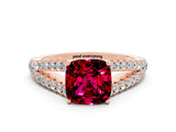 Rose gold Cushion Cut Cut Split Shank Pave Diamond Engagement Ring with Four-Prong Setting