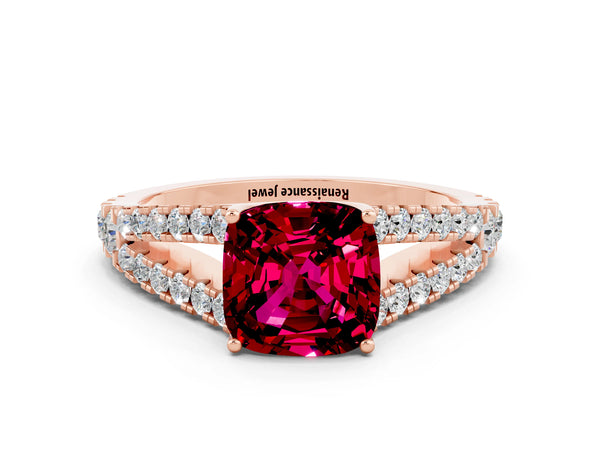 Rose gold Cushion Cut Garnet Split Shank Engagement Ring with Round Pavé and Prong Setting