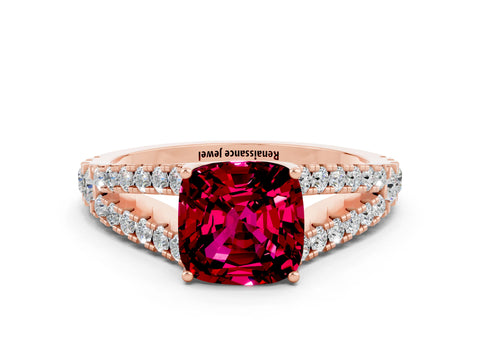 Rose gold Cushion Cut Cut Split Shank Pave Diamond Engagement Ring with Four-Prong Setting