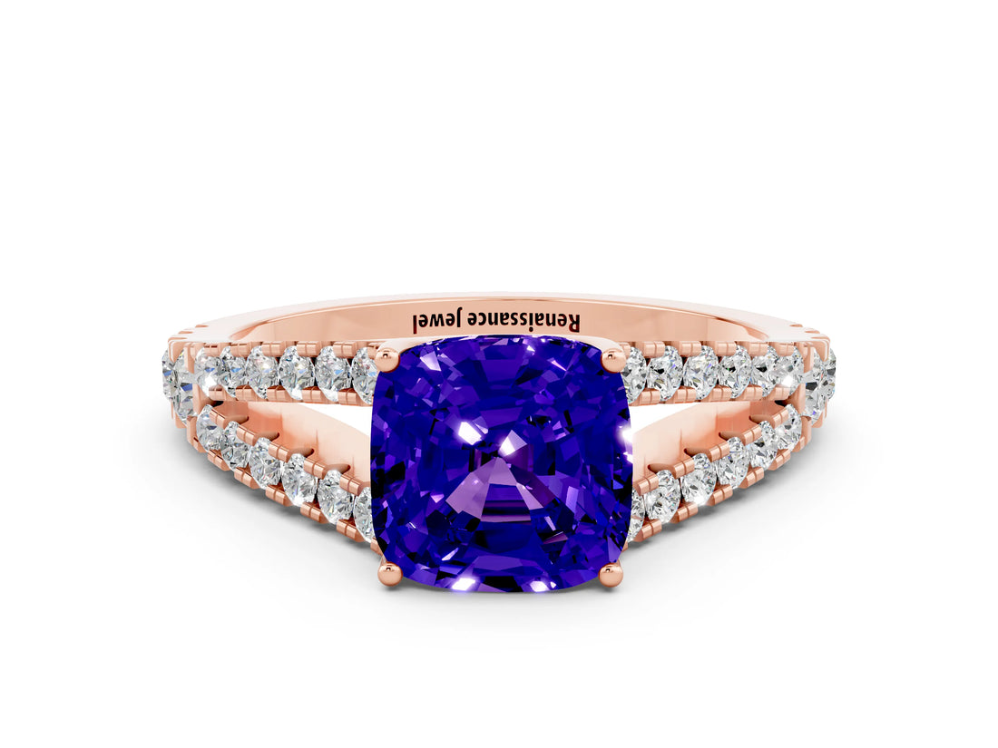 Rose gold Cushion Cut Cut Split Shank Pave Diamond Engagement Ring with Four-Prong Setting