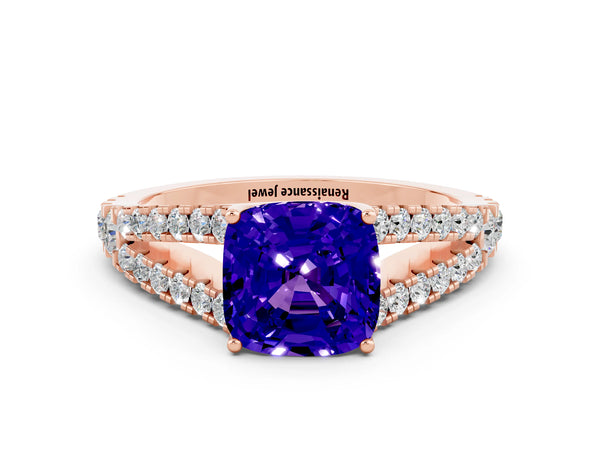 Rose gold Cushion Cut Tanzanite Split Shank Engagement Ring with Round Pavé and Prong Setting