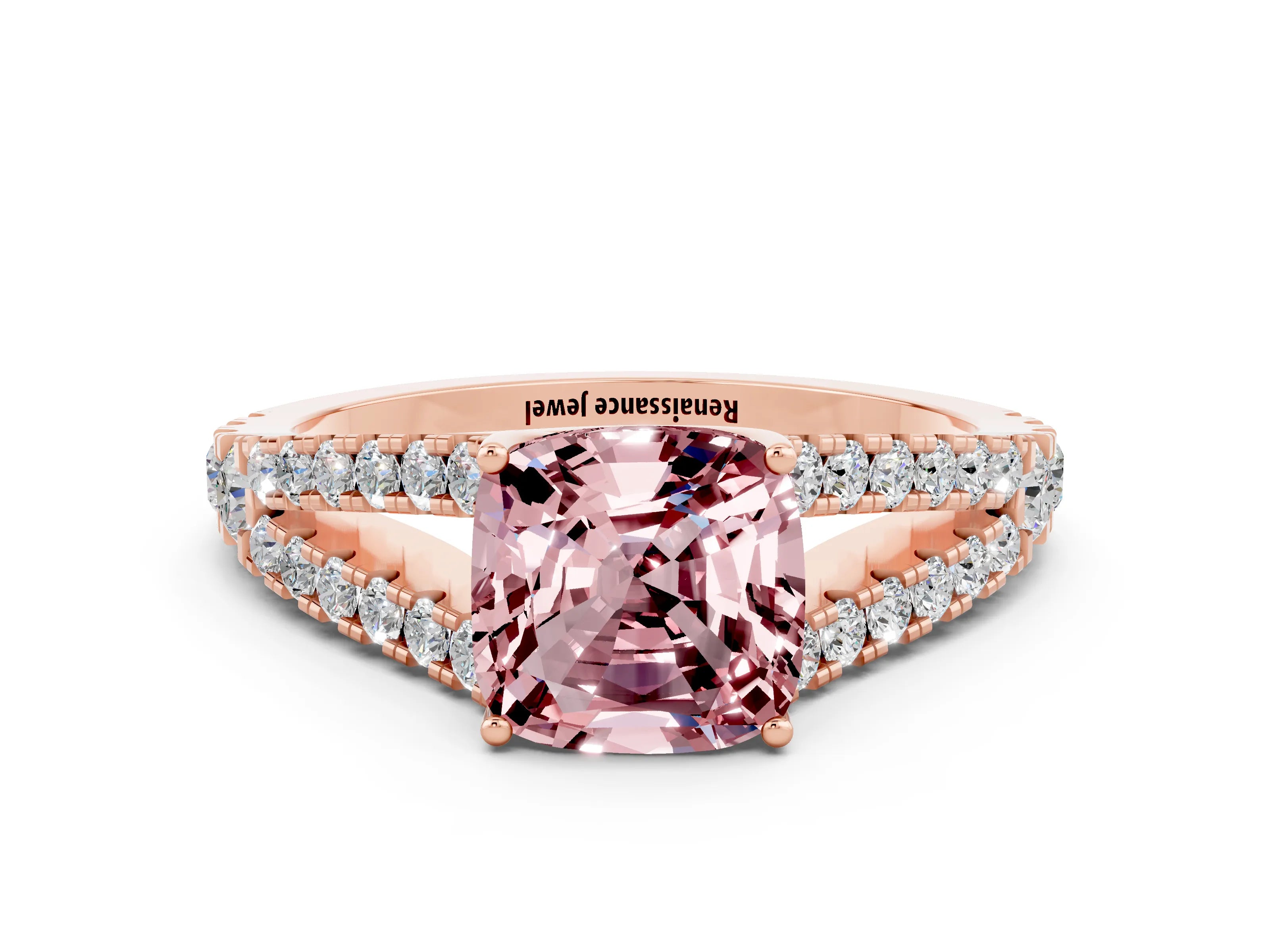 Rose gold Cushion Cut Cut Split Shank Pave Diamond Engagement Ring with Four-Prong Setting