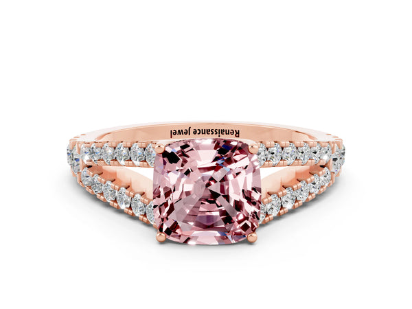 Rose gold Cushion Cut Cut Split Shank Pave Diamond Engagement Ring with Four-Prong Setting