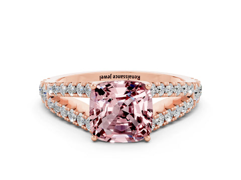 Rose gold Cushion Cut Cut Split Shank Pave Diamond Engagement Ring with Four-Prong Setting