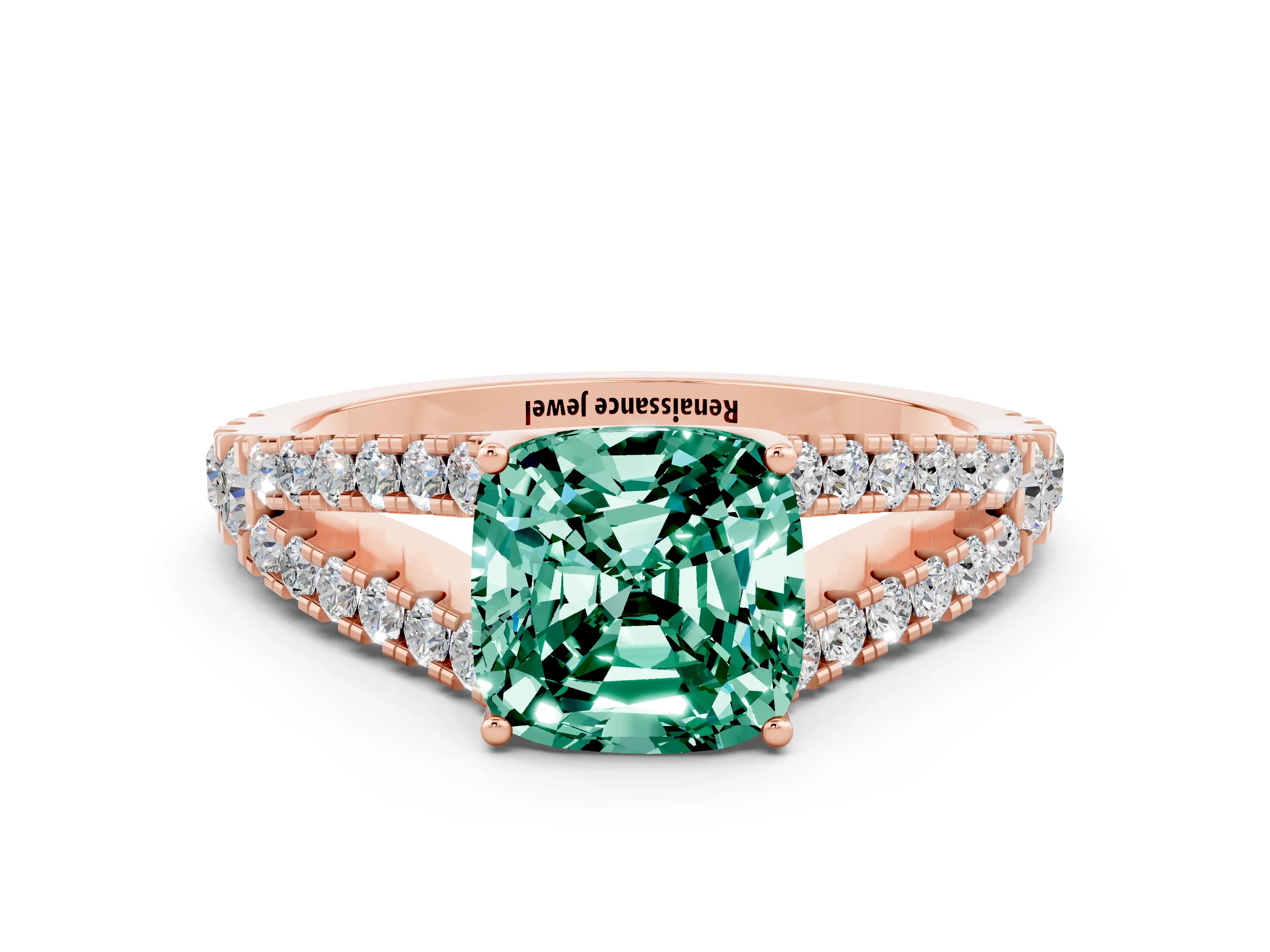 Rose gold Cushion Cut Cut Split Shank Pave Diamond Engagement Ring with Four-Prong Setting