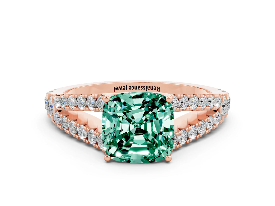 Rose gold Cushion Cut Cut Split Shank Pave Diamond Engagement Ring with Four-Prong Setting