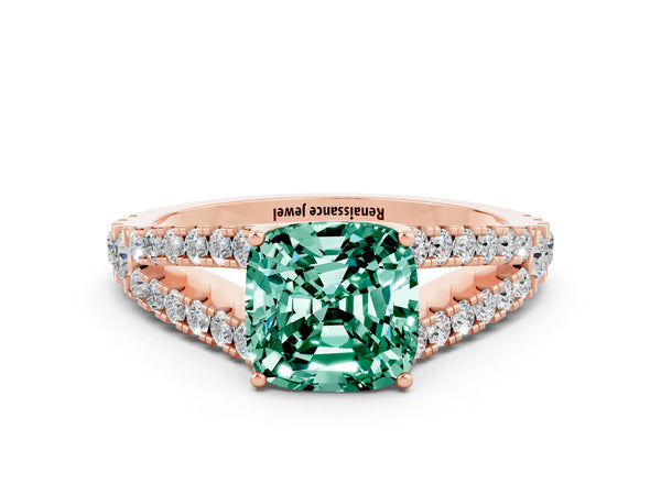 Rose gold Cushion Cut Green Sapphire Split Shank Engagement Ring with Round Pavé and Prong Setting