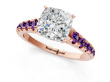 Rose gold Cushion Cut Diamond Cathedral Solitaire Ring with Round with Amethyst side stone Pavé Band_13