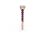 Rose gold Cushion Cut Diamond Cathedral Solitaire Ring with Round with Amethyst side stone Pavé Band_14