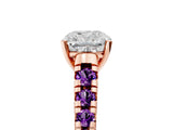 Rose gold Cushion Cut Diamond Cathedral Solitaire Ring with Round with Amethyst side stone Pavé Band_17