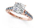 Rose gold Cushion Cut Diamond Cathedral Solitaire Ring with Round with Aquamarine side stone Pavé Band_13