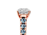 Rose gold Cushion Cut Diamond Cathedral Solitaire Ring with Round with Aquamarine side stone Pavé Band_17
