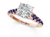 Rose gold Cushion Cut Diamond Cathedral Solitaire Ring with Round with Blue Sapphire side stone Pavé Band_13