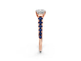 Rose gold Cushion Cut Diamond Cathedral Solitaire Ring with Round with Blue Sapphire side stone Pavé Band_14