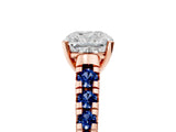 Rose gold Cushion Cut Diamond Cathedral Solitaire Ring with Round with Blue Sapphire side stone Pavé Band_17