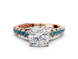 Rose gold Cushion Cut Diamond Cathedral Solitaire Ring with Round with Blue Topaz side stone Pavé Band
