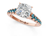 Rose gold Cushion Cut Diamond Cathedral Solitaire Ring with Round with Blue Topaz side stone Pavé Band_1