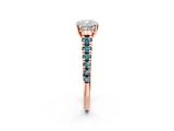 Rose gold Cushion Cut Diamond Cathedral Solitaire Ring with Round with Blue Topaz side stone Pavé Band_2