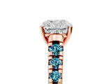 Rose gold Cushion Cut Diamond Cathedral Solitaire Ring with Round with Blue Topaz side stone Pavé Band_5