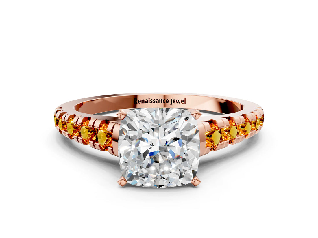 Rose gold Cushion Cut Diamond Cathedral Solitaire Ring with Round with Citrine side stone Pavé Band_24