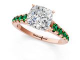 Rose gold Cushion Cut Diamond Cathedral Solitaire Ring with Round with Emerald side stone Pavé Band_1