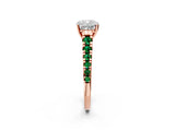 Rose gold Cushion Cut Diamond Cathedral Solitaire Ring with Round with Emerald side stone Pavé Band_2
