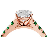 Rose gold Cushion Cut Diamond Cathedral Solitaire Ring with Round with Emerald side stone Pavé Band_4