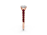 Rose gold Cushion Cut Diamond Cathedral Solitaire Ring with Round with Garnet side stone Pavé Band_14