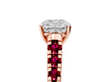 Rose gold Cushion Cut Diamond Cathedral Solitaire Ring with Round with Garnet side stone Pavé Band_17