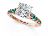 Rose gold Cushion Cut Diamond Cathedral Solitaire Ring with Round with Green Sapphire side stone Pavé Band_13