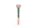 Rose gold Cushion Cut Diamond Cathedral Solitaire Ring with Round with Green Sapphire side stone Pavé Band_14