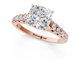 Rose gold Cushion Cut Diamond Cathedral Solitaire Ring with Round with Moissanite side stone Pavé Band_25