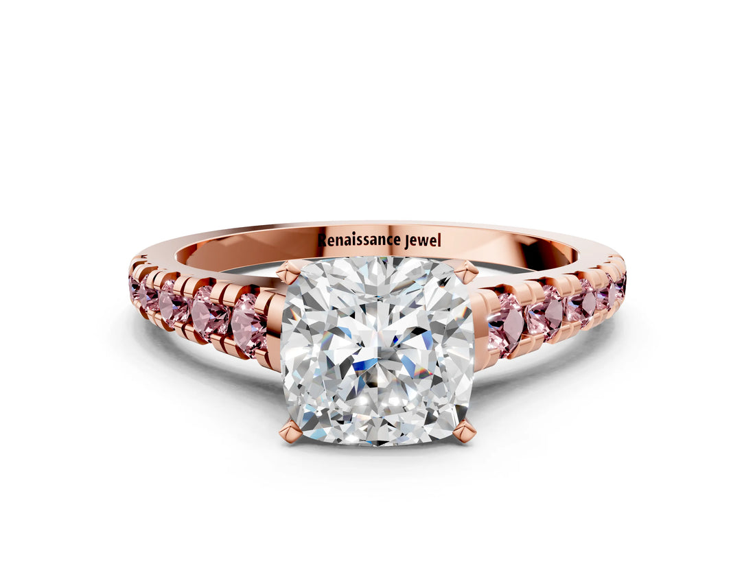 Rose gold Cushion Cut Diamond Cathedral Solitaire Ring with Round with Morganite side stone Pavé Band_12