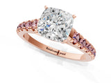 Rose gold Cushion Cut Diamond Cathedral Solitaire Ring with Round with Morganite side stone Pavé Band_13