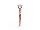 Rose gold Cushion Cut Diamond Cathedral Solitaire Ring with Round with Morganite side stone Pavé Band_14