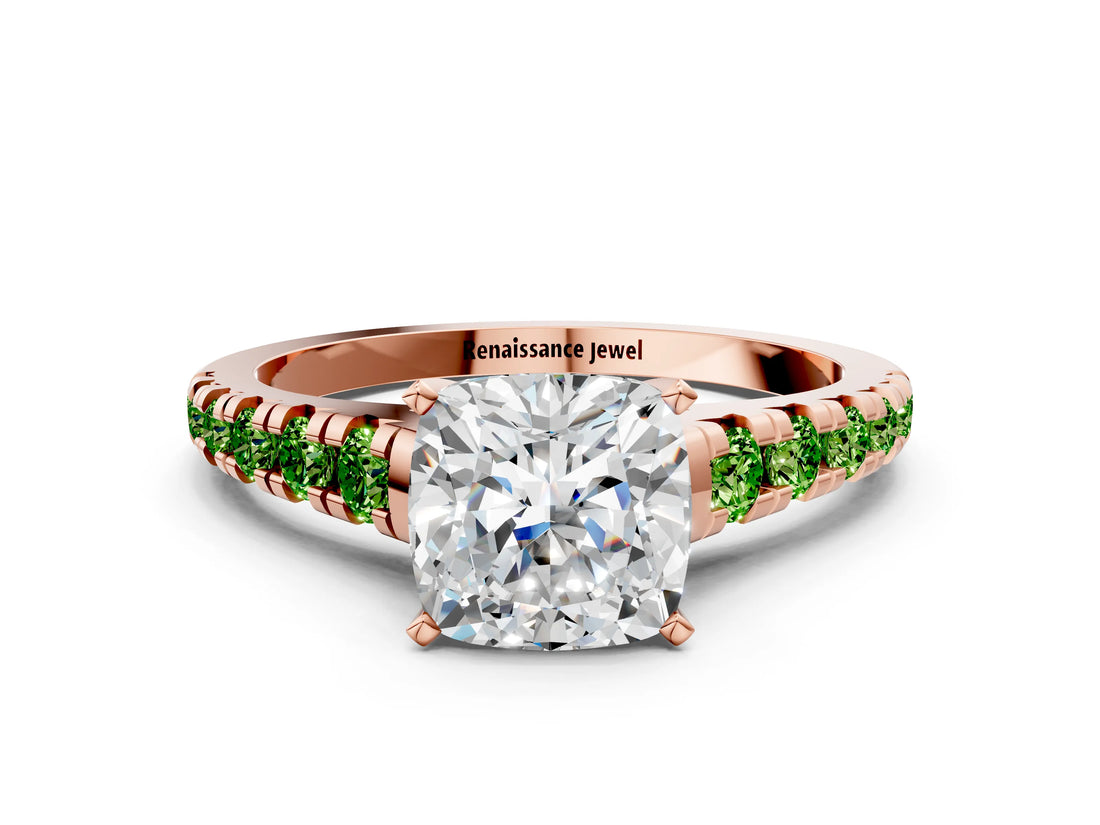 Rose gold Cushion Cut Diamond Cathedral Solitaire Ring with Round with Peridot side stone Pavé Band