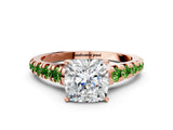 Rose gold Cushion Cut Diamond Cathedral Solitaire Ring with Round with Peridot side stone Pavé Band