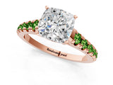 Rose gold Cushion Cut Diamond Cathedral Solitaire Ring with Round with Peridot side stone Pavé Band_1