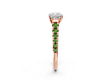 Rose gold Cushion Cut Diamond Cathedral Solitaire Ring with Round with Peridot side stone Pavé Band_2