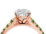 Rose gold Cushion Cut Diamond Cathedral Solitaire Ring with Round with Peridot side stone Pavé Band_4