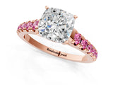 Rose gold Cushion Cut Diamond Cathedral Solitaire Ring with Round with Pink Sapphire side stone Pavé Band_13