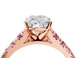 Rose gold Cushion Cut Diamond Cathedral Solitaire Ring with Round with Pink Sapphire side stone Pavé Band_16